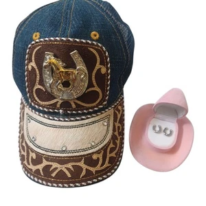 Cowgirl Ball Cap & Earring Set Trucker Gems Horse Hair Horseshoe Denim  Western  - Picture 1 of 5