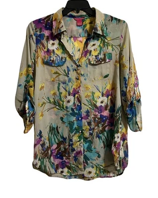 Sunny Leigh Rhinestone Button Up Flower Sheer Blouse Women’s Roll Tab OR Loose L - Image 1 of 4