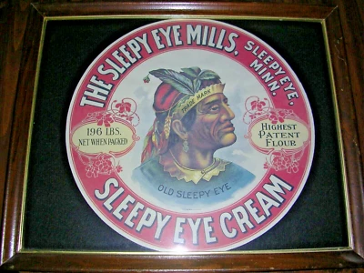 SLEEPY EYE Mills Flour Barrel Label 16" ROUND  in 18" x 20" Frame - Image 1 of 3