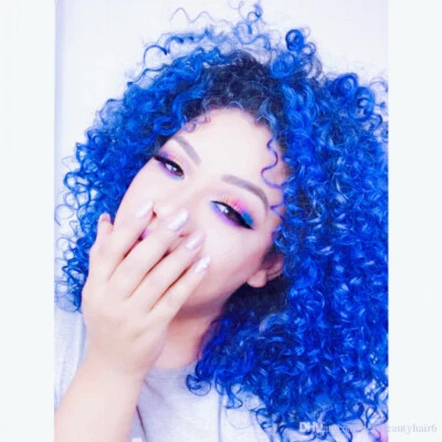 Pelucas rizadas rizadas rizadas azules ombre disfraces fiesta bob pelucas azules para mujeres ninguna peluca de encaje Foto 1 de 4