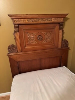 Antique 6 piece solid wood carved twin beds, nightstands & dresser. - Image 1 of 4