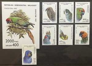 MADAGASCAR PARROTS STAMPS SET 7V + SS 1992 MNH BIRDS WILDLIFE FAUNA NATURE MACAW - Picture 1 of 3