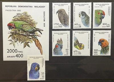 MADAGASCAR PARROTS STAMPS SET 7V + SS 1992 MNH BIRDS WILDLIFE FAUNA NATURE MACAW - Image 1 of 3