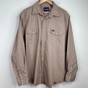 Wrangler Pearl Snap Shirt XL Tan Khaki Brush Popper Cowboy Western Utility 90s - Picture 1 of 11