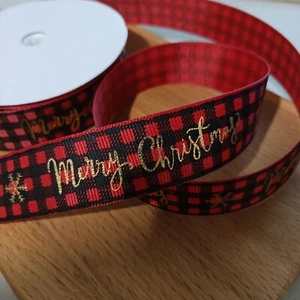 25mm Red Black Tartan Merry Christmas Grosgrain Ribbon 2M AUS Free Postage 05D - Picture 1 of 3