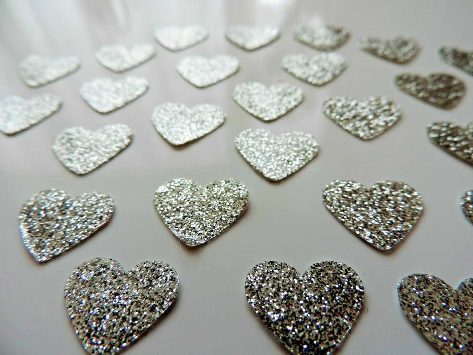 50 x Silver -  LARGE Love Hearts  Glittery Sparkly Waterproof Stickers25 x 18 mm - Image 1 of 1