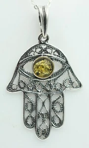 Amber Hand Der Fatima 925 Silver Necklace - Picture 1 of 10