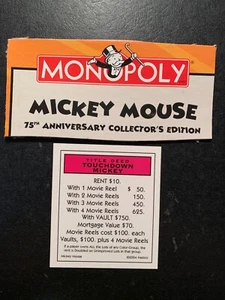 Monopoly Mickey Mouse TOUCHDOWN MICKEY Title Deed Card 75th Aninnversary 2004 - Picture 1 of 4