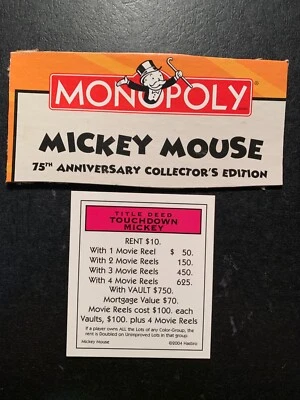 Monopoly   Mickey Mouse  TOUCHDOWN MICKEY   Title Deed Card   75th Anniversary - Image 1 of 4