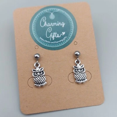 Pendientes de búho, plata tibetana personalizados regalos de brujas y magos de Halloween. Foto 1 de 4