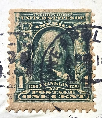 US 1908 1C (ERROR, NO PERFORATED SIDE ON TOP) FRANKLIN GREEN ON POSTCARD, RARE! - Image 1 of 4