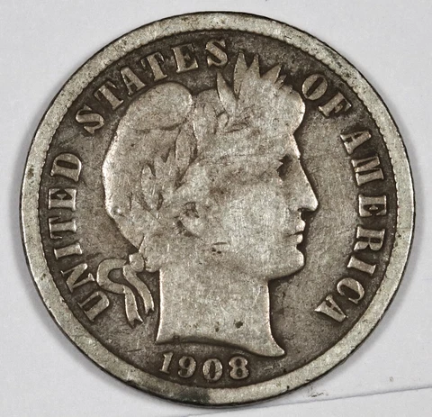 1908-s Barber Dime.  VG-F.  186773 Cover