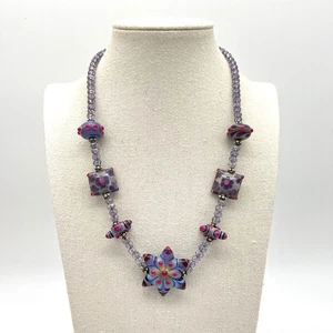 Collar con cuentas de vidrio de murano púrpura rosa floral joyería 925 broche - Imagen 1 de 9
