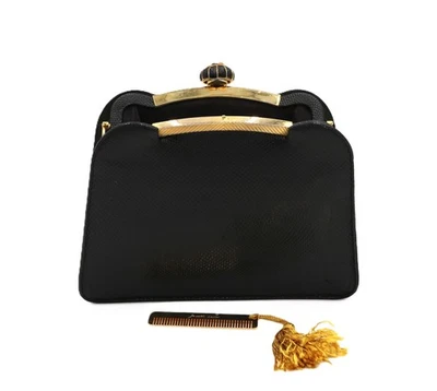 Bolso sin asas y peine vintage - JUDITH LEIBER - piel de lagarto negro Foto 1 de 4