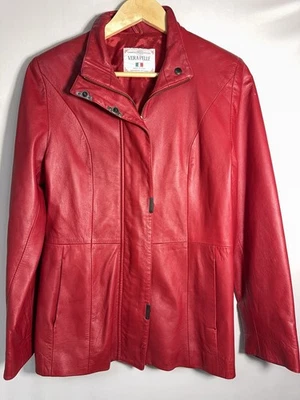 Красная итальянская кожаная куртка Vera Pelle женщин маленький 40 сделано в Италии Moto стиль - Изображение 1 из 4