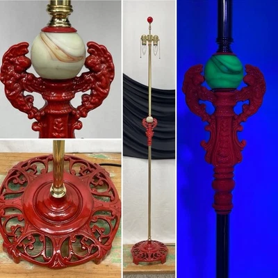 RESTORED Antique Vtg Art Deco Floor Lamp Uranium Glass Vaseline Houze UG - Red - Image 1 of 4