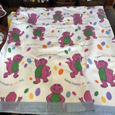 Vintage Barney Baby Blanket Polyester Blend Satin Trim Lyrics 90s - Image 1 of 2