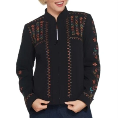 Chaqueta Abrigo DENNIS BASSO Negro Multicolor Bordado Floral Cuello Mandarín 4 Foto 1 de 4