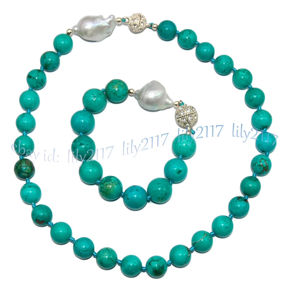 Natural Green Turquoise Round Gems White Keshi Baroque Pearl Necklace Bracelet - Image 1 of 4