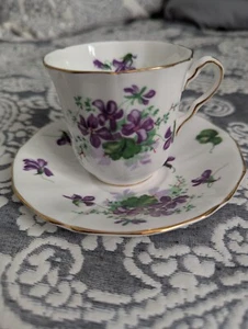 Adderly Demitasse Tea Cup & Saucer "Violet" purple flowers gold trim - Picture 1 of 5