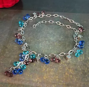 Hallmarked STERLING SILVER 925 Blue Pink Aqua Chain Crystal Choker Y Necklace 16 - Picture 1 of 16