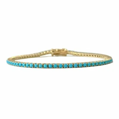 6 Ct Round Cut Lab Created Turquoise Tennis Bracelet 7.5" 14k Yellow Gold Plated - Image 1 of 4