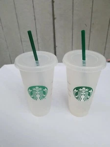 2 Starbucks Clear Frost Cold 24 Oz Drinking Cups With Green Logo & Lid &  Straws - Picture 1 of 6