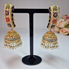 Indian Pakistani Gold jaroa Jhumka Earrings With Blue and Nauratan Stones