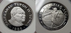 1988 Tonga Proof Platinum 10 Pa'anga (Olympics, Discus) KM# 132 ANACS PR68 H CAM - Picture 1 of 7