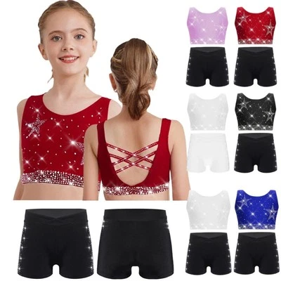 UK Girls Sport Set Shiny Rhinestones Crop Tops w/Shorts Yoga Gymnastics Dance - Image 1 of 4