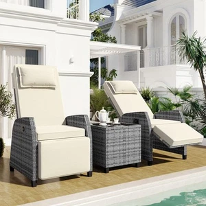 Harper and Bright Designs Adjustable Gray Wicker Outdoor Recliner with Beige and - Picture 1 of 9