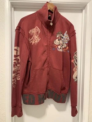 Sudadera De Colección Ed Hardy Streetwear Cremallera 'Muerte o Gloria' Granate Talla XL Foto 1 de 4