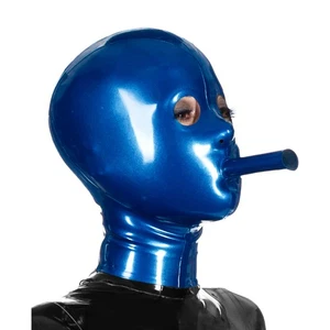 Metallic Blue Latex Hood with Big Mouth Tube Back zip Rubber Mask Fetish 0.4mm - Picture 1 of 3