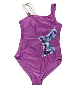 Girl’s Purple One Piece Swimsuit With Silver Sequin Star - Size Medium 7/8 - Picture 1 of 3