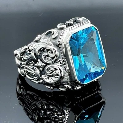 Anillo de piedra aguamarina grabada a mano de plata para hombre Foto 1 de 4