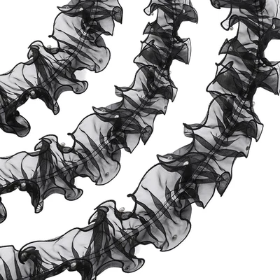 Borde de apliques de encaje recogido plisado vintage con volantes de organza negro de 5 3/8 pulgadas Foto 1 de 4