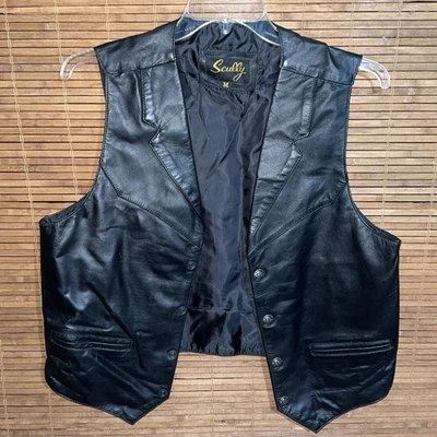 Chaleco de vestir vintage Scully 100 % negro de cuero suave para hombre mediano Vaquero Western Biker Foto 1 de 4