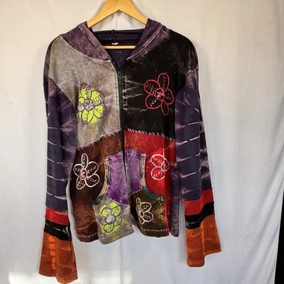 Boho Hippie Patchwork Hooded Zip Up Sweatshirt Womens Large Embroidered Floral - Image 1 of 4