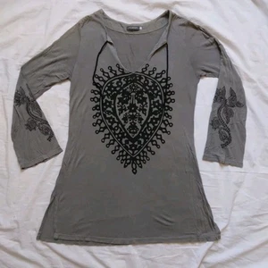 Earthbound Trading Co Long Sleeve Tunic Top  Gray Sun Faded Festival Womens L - Picture 1 of 13