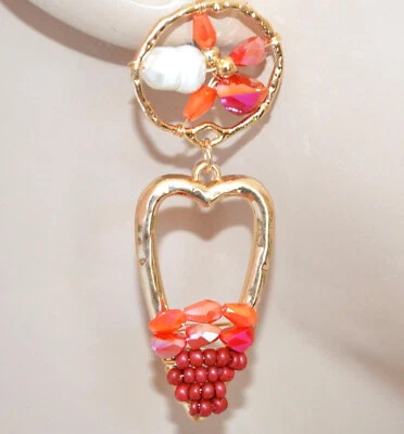 Boucles d'oreilles femme cristaux pierres corail rouge or perle blanche UX16 - Photo 1/2