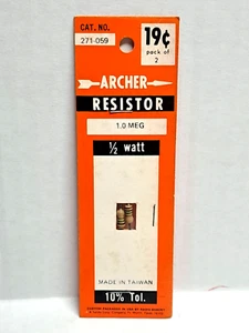 Archer Radio Shack resistor 1/2 watt, 10% Tol., 1.0 MEG, Cat. No. 271-059, NOS - Picture 1 of 6