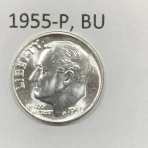 1955 P Roosevelt Dime BU ~ 90% Silver ~ Uncirculated U.S. Coin from Roll ~ D2190 Cover