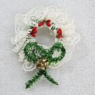 Women&#39;s Vintage Brooch 2&quot; White Lace Christmas Wreath Bell Beads Green Bow