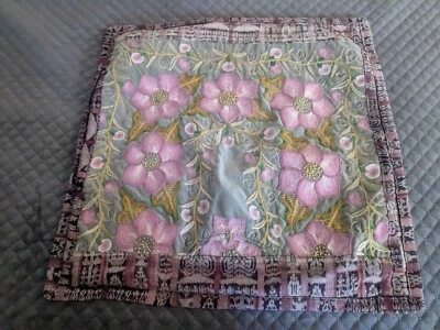 Embroidered Pillow Cover  Crewel Floral Pinks Boho  19" x 19" - Image 1 of 4