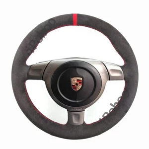 Cubierta envolvente de rueda de punto rojo de dirección negra de cuero gamuza para Porsche 997 2006-08 - Imagen 1 de 11