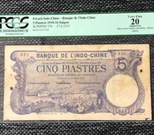 1913 Saigon French Indo China 5 Piastres VF20 - Picture 1 of 3