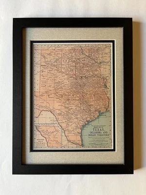 1898 TEXAS, OKLAHOMA & INDIAN TERRITORY Map, 10 x 13 Frame w/Dbl Mat SEE DESCRIP - Image 1 of 4