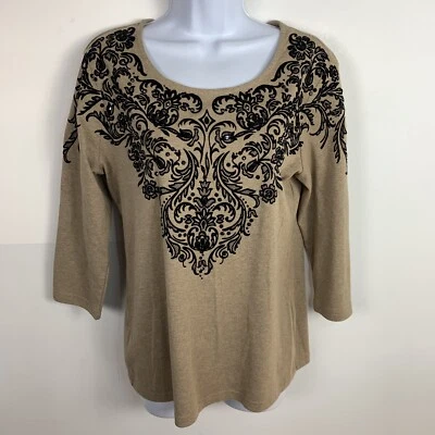 Karen Scott Womens Top Sz S Tan Black Paisley Floral Long Sleeve Round Neck  - Image 1 of 4