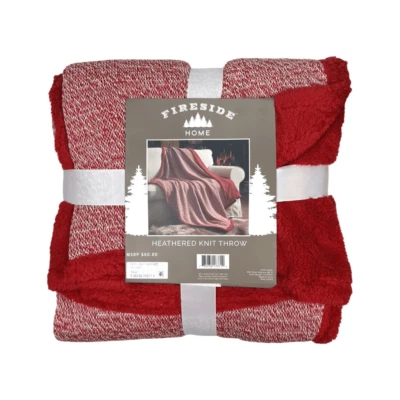 Fireside Home Heathered Knit Throw Sherpa Reverse 50” x 60” Red White Warm - Image 1 of 4