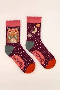 Powder Ladies Bamboo Cotton Knit Socks Owl By Moonlight - Grape or Ice Blue - Picture 1 of 7